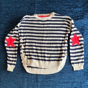 Mini Boden Navy and White Striped Sweater with fluorescent orange details